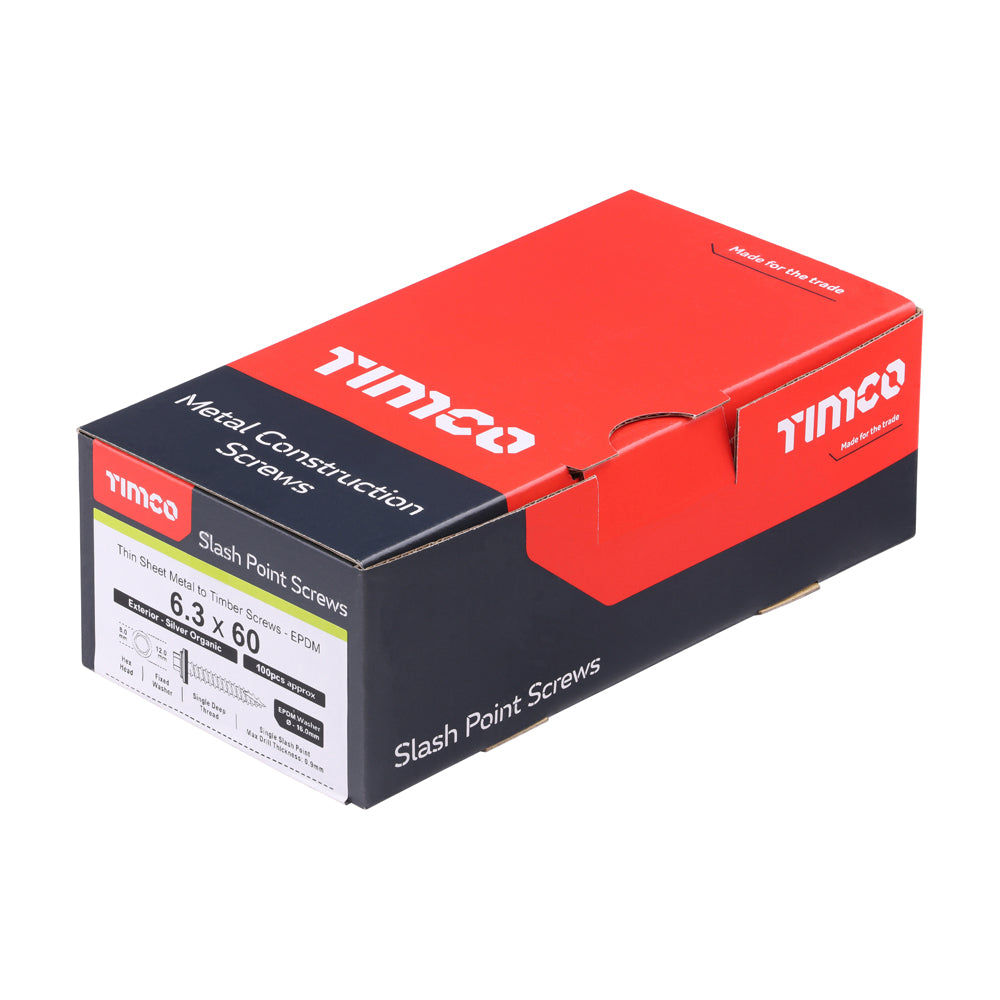 This is an image of Timco - Metal Construction Thin Sheet Metal to Timber Screws - Hex - EPDM Washer - Slash Point - Exterior - Silver Organic 6.3 x 60mm - (100 PCS Box) DS60W16B