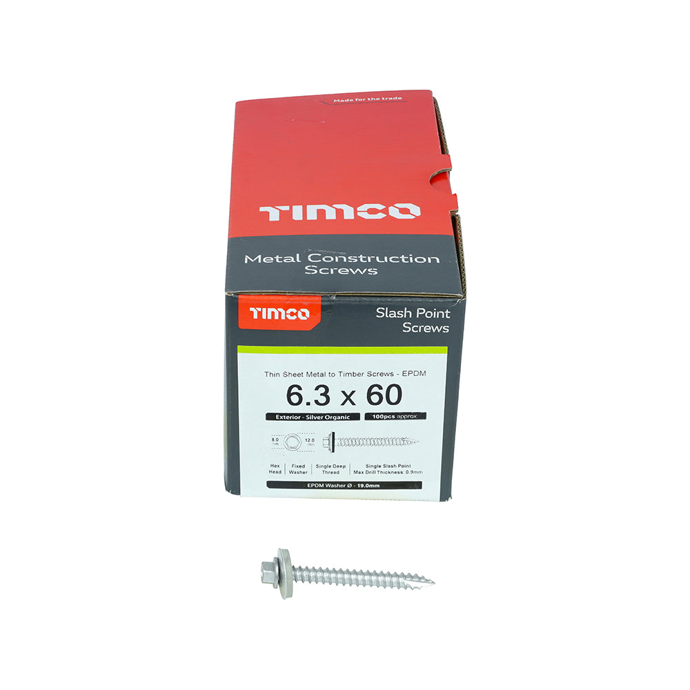 This is an image of Timco - Metal Construction Thin Sheet Metal to Timber Screws - Hex - EPDM Washer - Slash Point - Exterior - Silver Organic 6.3 x 60mm - (100 PCS Box) DS60W19B