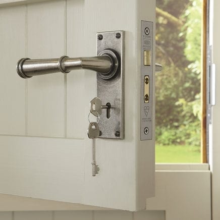 This is an image of a set of lever lock handles by Finesse in Pewter.  Available to order from Trade Door Handles in Kendal