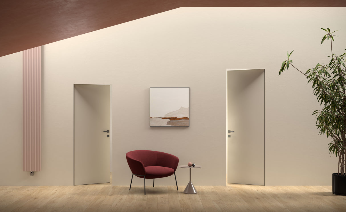 Quality image of SPECIAL ORDER Ermetika xREVERx Flush Hidden Door System with 713x2394mm White Primed Door - Satin Chrome Latch/Bathroom Accessories | Sku. exrs42 | available from Trade Door Handles.
