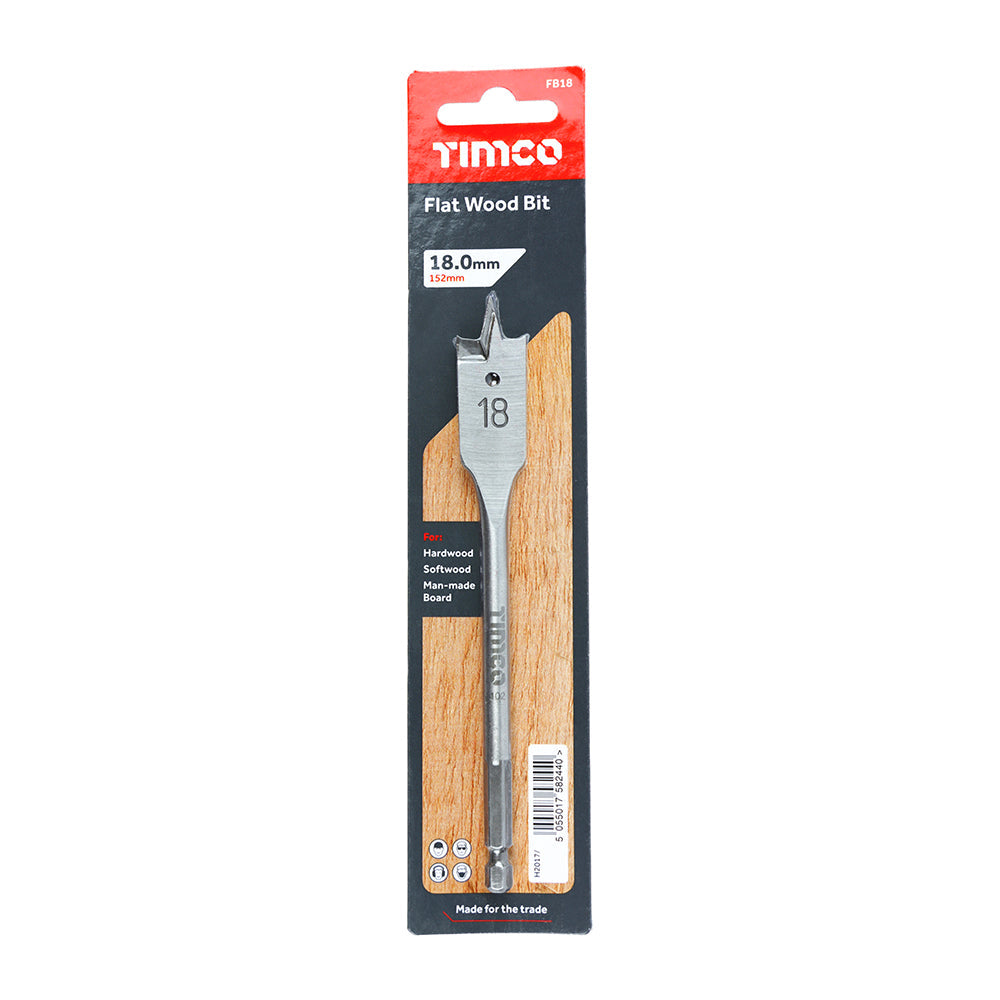 This is an image of Timco - Flat Wood Bit 18.0 x 152 (1 Each Blister Pack) FB18