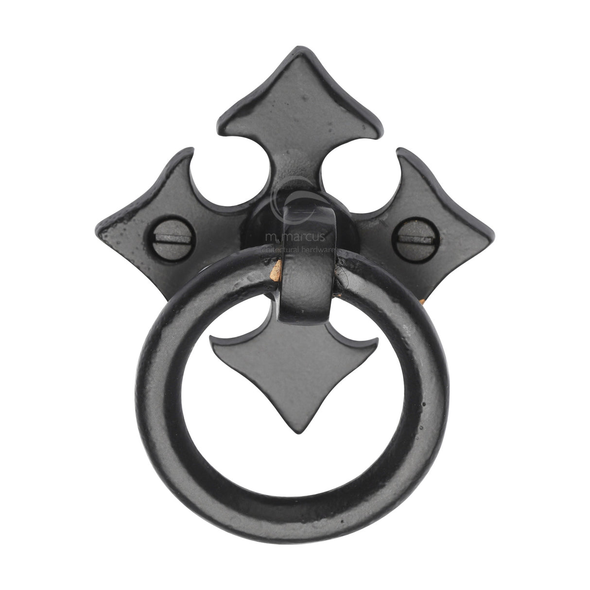 High quality image of the M.Marcus Fleur-De-Lys Cabinet Ring Drop Pull Matt Black Rustic Iron | Sku. fb6331 | Discounted prices available from Trade Door Handles