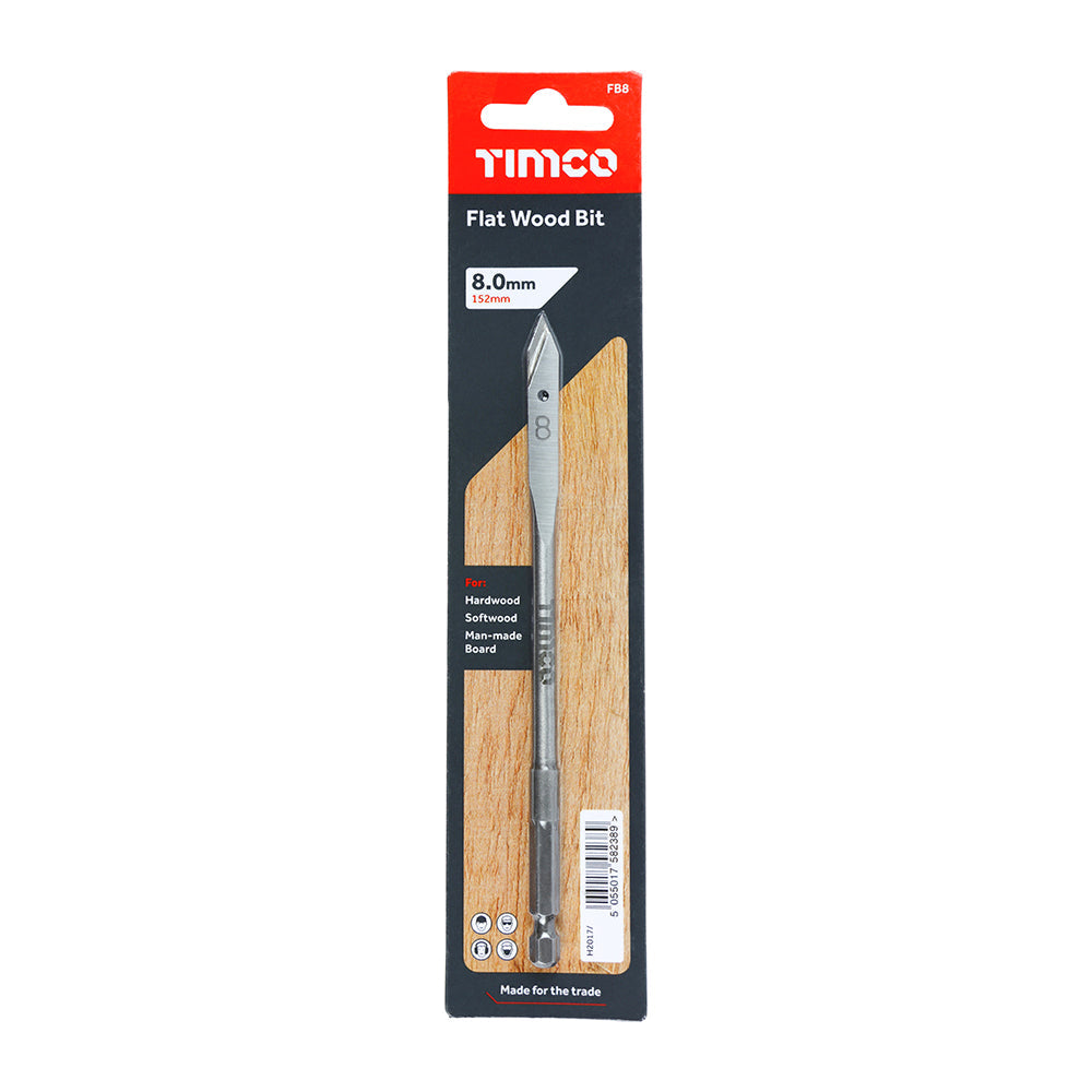 This is an image of Timco - Flat Wood Bit 8.0 x 152 (1 Each Blister Pack) FB8