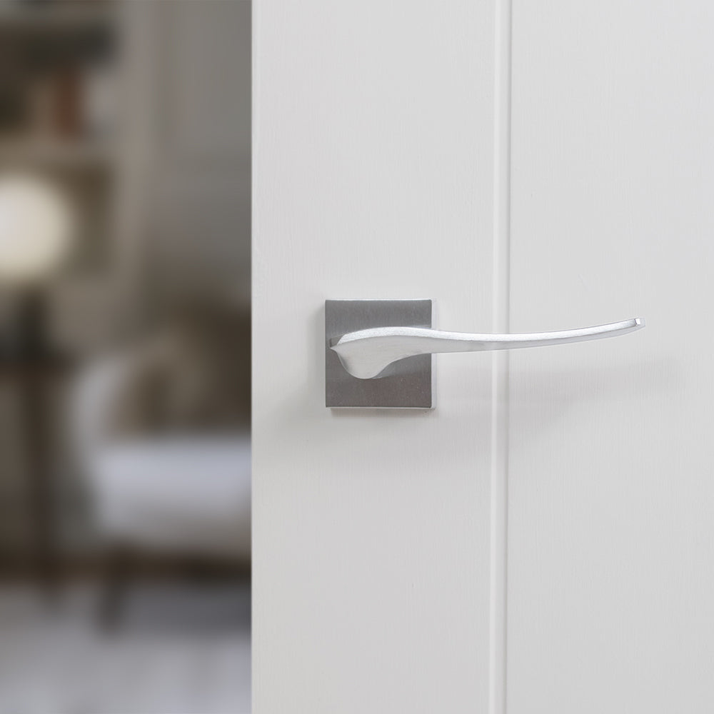 Quality image of Forme Olimpia Lever Door Handle on Minimal Square Rose - Satin Chrome | Sku. fms280sc | available from Trade Door Handles.