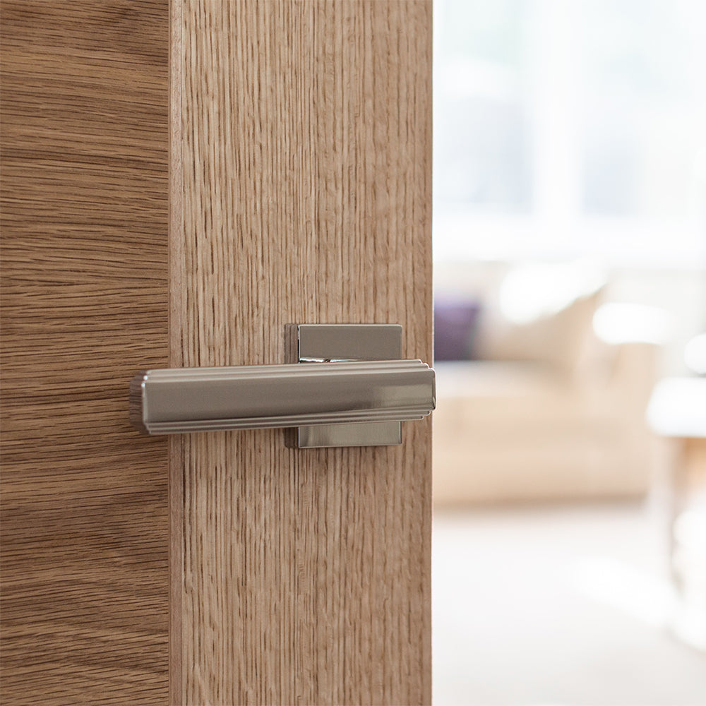 Quality image of Forme Alila Lever Door Handle on Minimal Square Rose - Polished Nickel | Sku. fms293pn | available from Trade Door Handles.