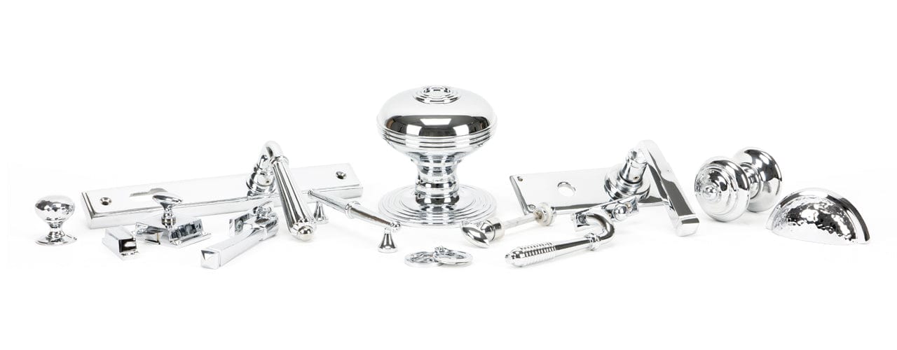 Image showing a range of From The Anvil Ironmongery and Hardware in Polished Chrome. Available to order from Trade Door Handles in Kendal