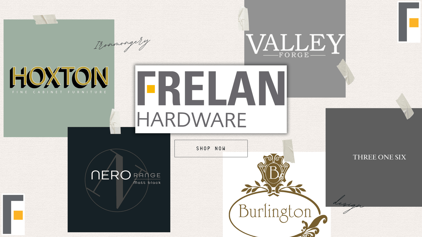 This is an image showing the brands under the Frelan Hardware name including Hoxton Cabinet Hardware, Valley Forge, Neri Matt Black door furniture, Burlington is a premium brand of door and window funitre and Three One Six which is a range of door furniture made from Grade 316 Stainless Steel