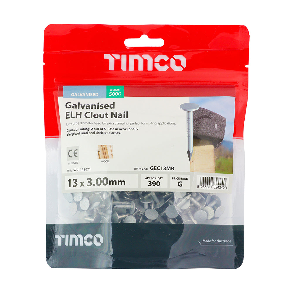 This is an image of Timco - Extra Large Head Clout Nails - Galvanised 13 x 3.00mm (0.5 Kg TIMbag) GEC13MB
