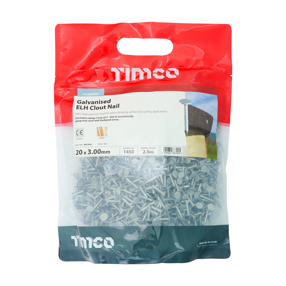 This is an image of Timco - Extra Large Head Clout Nails - Galvanised 20 x 3.00mm (2.5 Kg TIMbag) GEC20LB