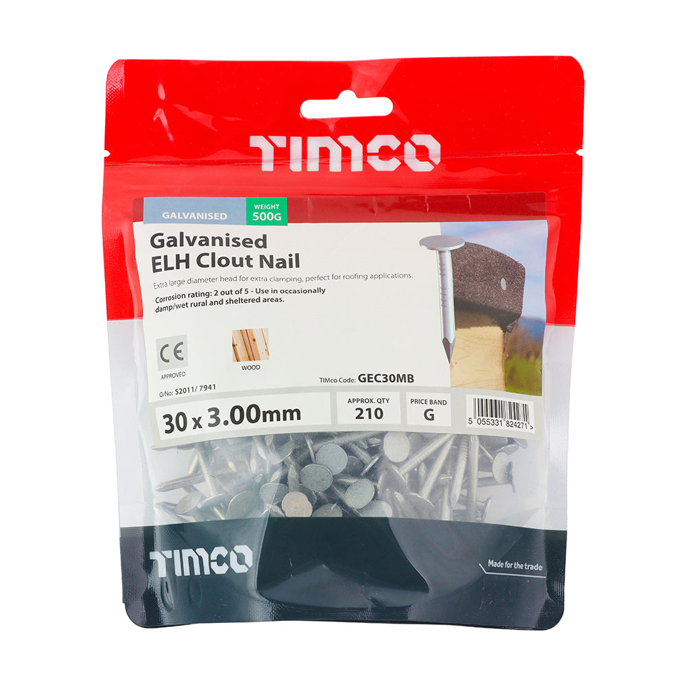 This is an image of Timco - Extra Large Head Clout Nails - Galvanised 30 x 3.00mm (0.5 Kg TIMbag) GEC30MB