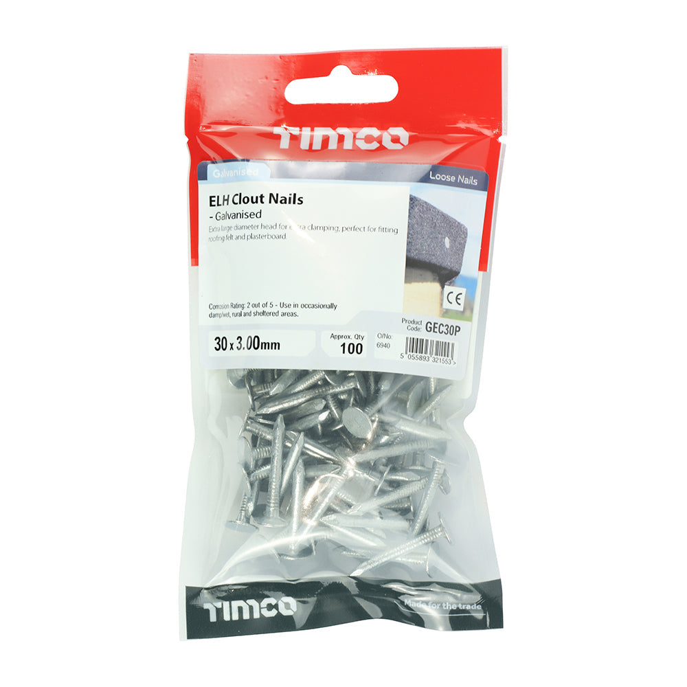 This is an image of Timco - Extra Large Head Clout Nails - Galvanised 30 x 3.00mm (100 PCS TIMpac) GEC30P