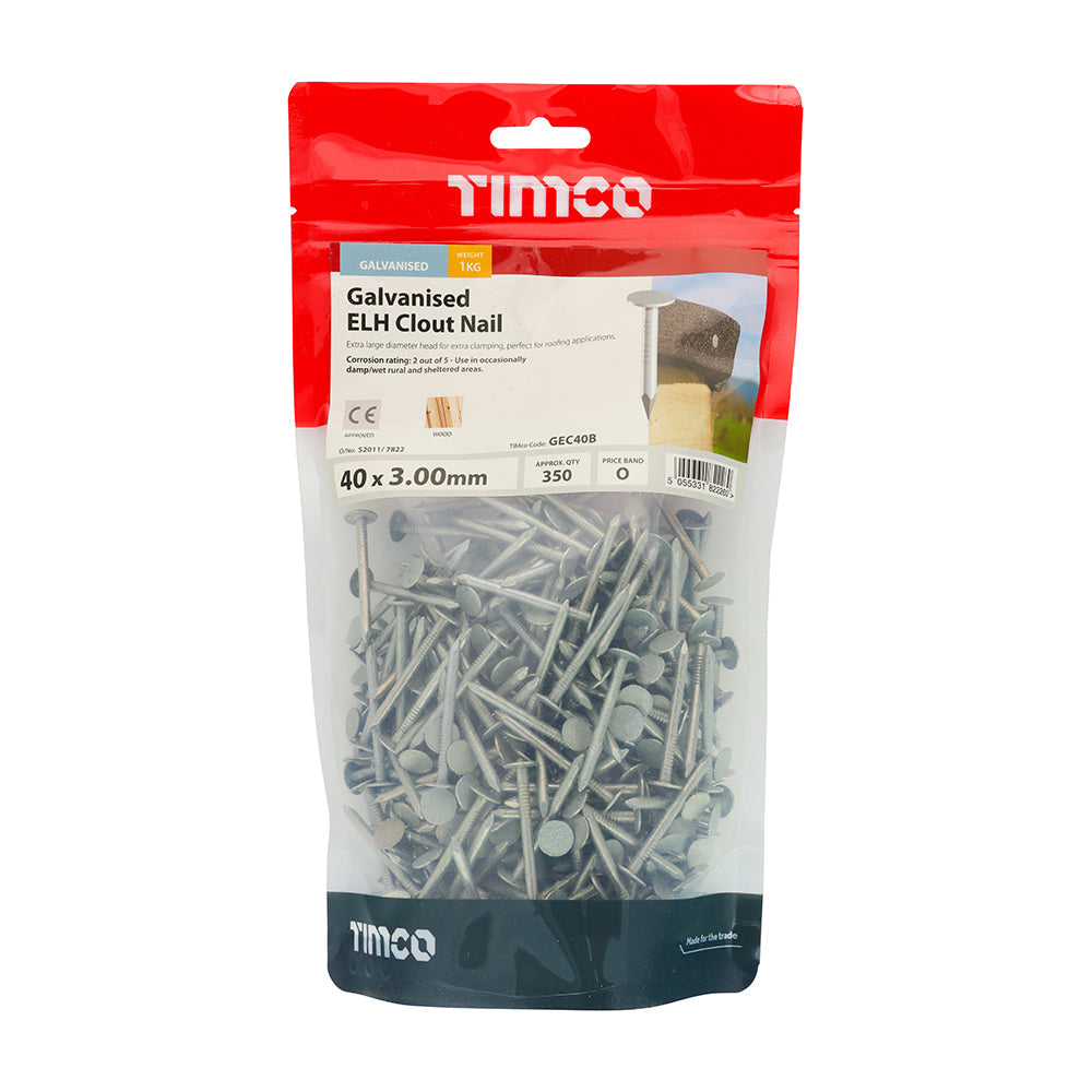 This is an image of Timco - Extra Large Head Clout Nails - Galvanised 40 x 3.00mm (1 Kg TIMbag) GEC40B