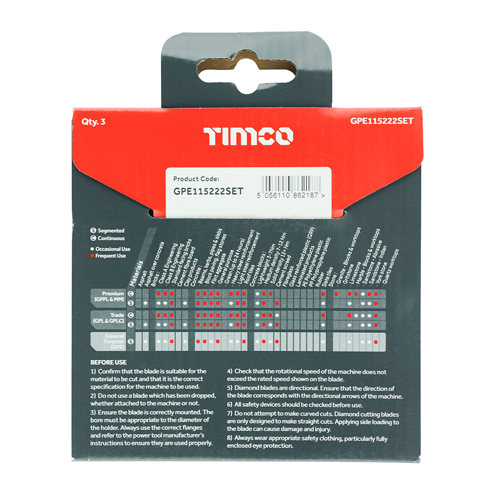 This is an image of Timco - General Purpose Diamond Blade - Segmented 115 x 22.2 (3 Pieces Box) GPE115222SET