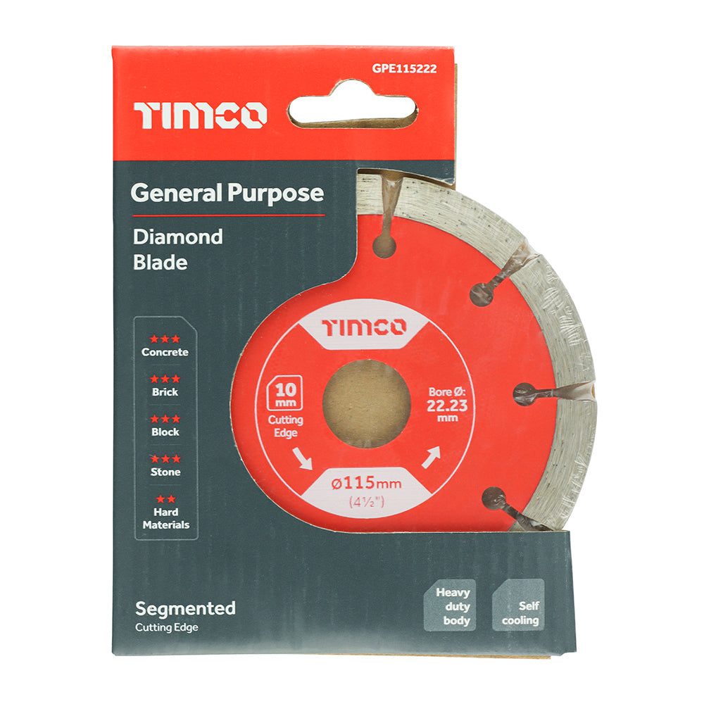 This is an image of Timco - General Purpose Diamond Blade - Segmented 115 x 22.2 (1 Each Box) GPE115222