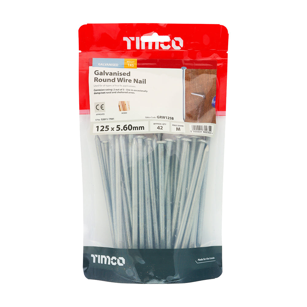 This is an image of Timco - Round Wire Nails - Galvanised 125 x 5.60mm (1 Kg TIMbag) GRW125B