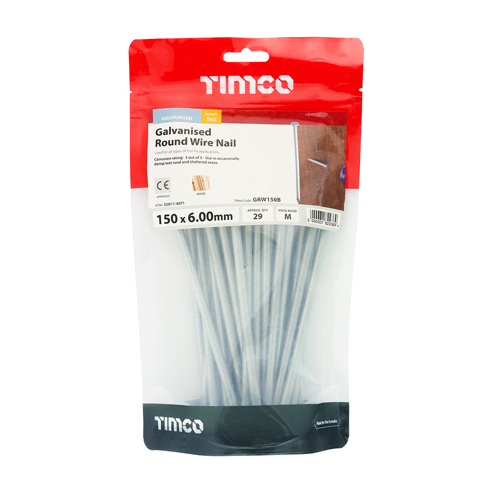 This is an image of Timco - Round Wire Nails - Galvanised 150 x 6.00mm (1 Kg TIMbag) GRW150B