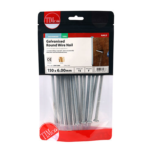 This is an image of Timco - Round Wire Nails - Galvanised 150 x 6.00mm (0.5 Kg TIMbag) GRW150MB