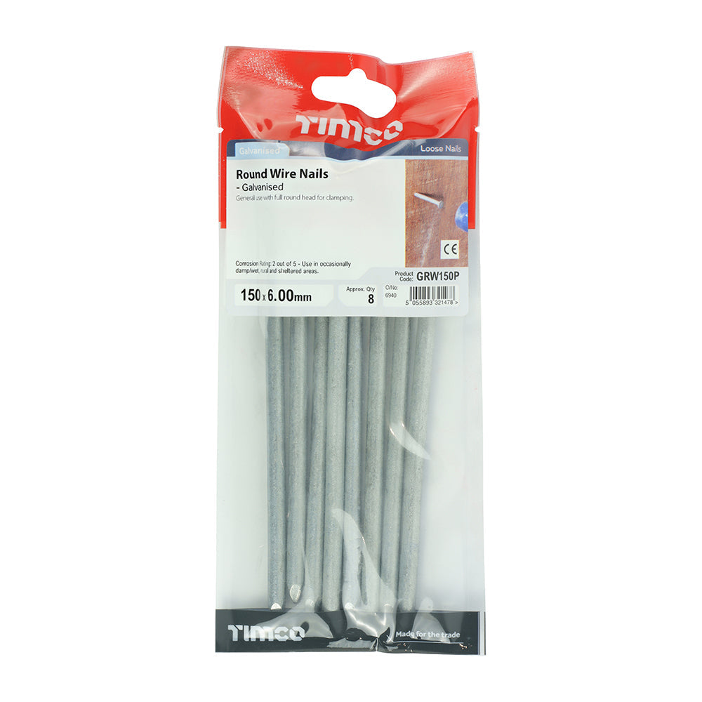 This is an image of Timco - Round Wire Nails - Galvanised 150 x 6.00mm (8 PCS TIMpac) GRW150P