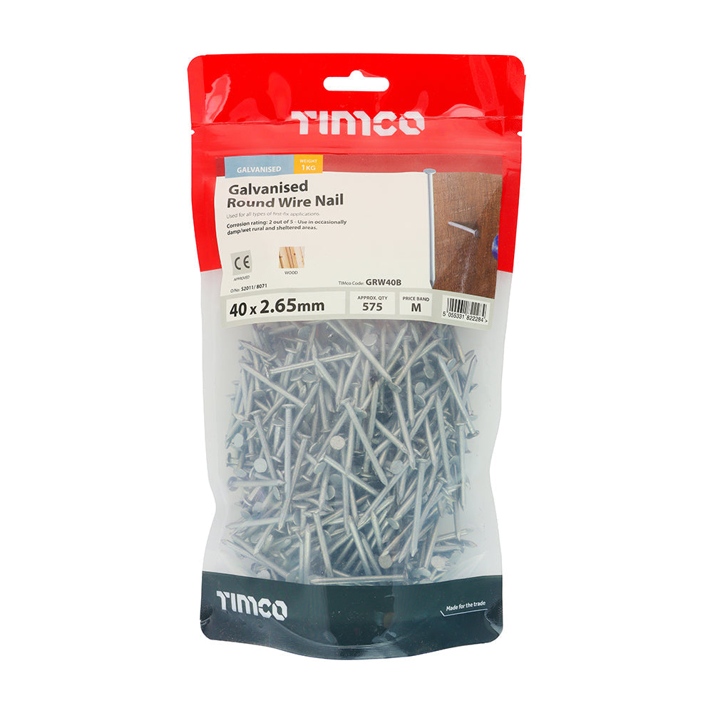 This is an image of Timco - Round Wire Nails - Galvanised 40 x 2.65mm (1 Kg TIMbag) GRW40B