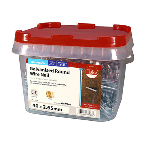 This is an image of Timco - Round Wire Nails - Galvanised 40 x 2.65mm (2.5 Kg TIMtub) GRW40T