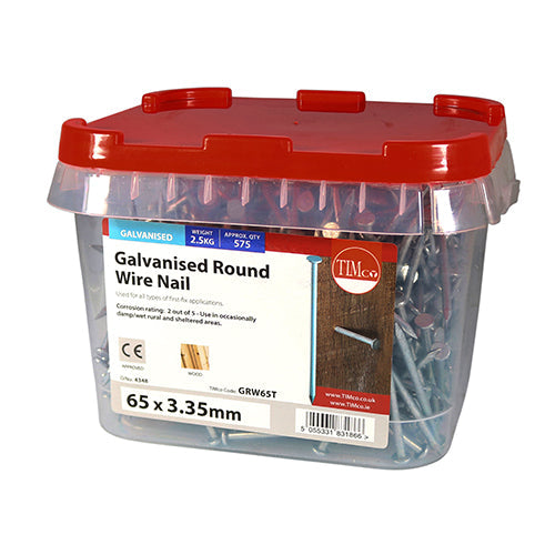 This is an image of Timco - Round Wire Nails - Galvanised 65 x 3.35mm (2.5 Kg TIMtub) GRW65T