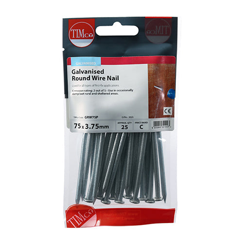 This is an image of Timco - Round Wire Nails - Galvanised 75 x 3.75mm (25 PCS TIMpac) GRW75P