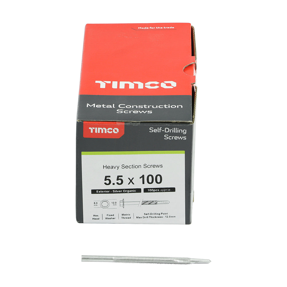 This is an image of Timco - Metal Construction Heavy Section Screws - Hex - Self-Drilling - Exterior - Silver Organic 5.5 x 100mm - (100 PCS Box) H100B