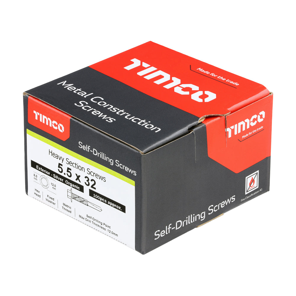 This is an image of Timco - Metal Construction Heavy Section Screws - Hex - Self-Drilling - Exterior - Silver Organic 5.5 x 32mm - (100 PCS Box) H32B