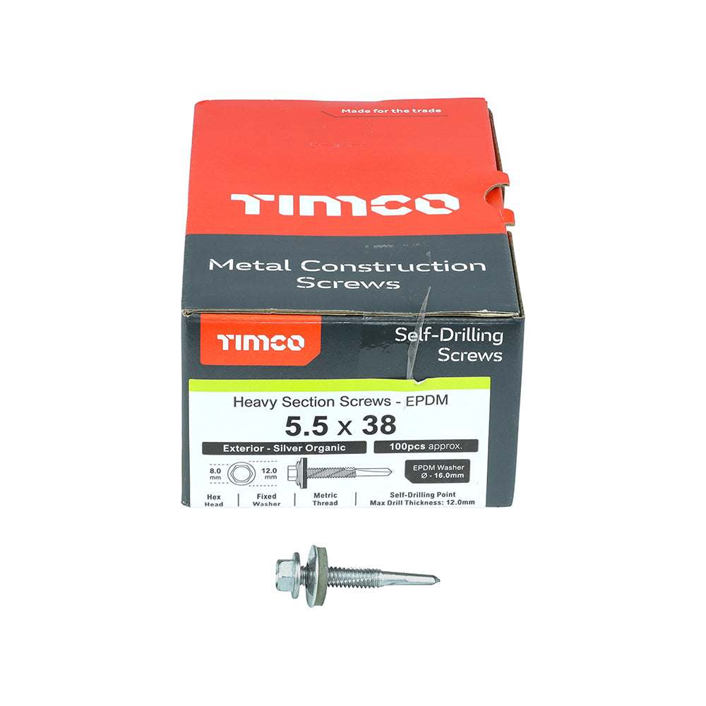 This is an image of Timco - Metal Construction Heavy Section Screws - Hex - EPDM Washer - Self-Drilling - Exterior - Silver Organic 5.5 x 38mm - (100 PCS Box) H38W16B