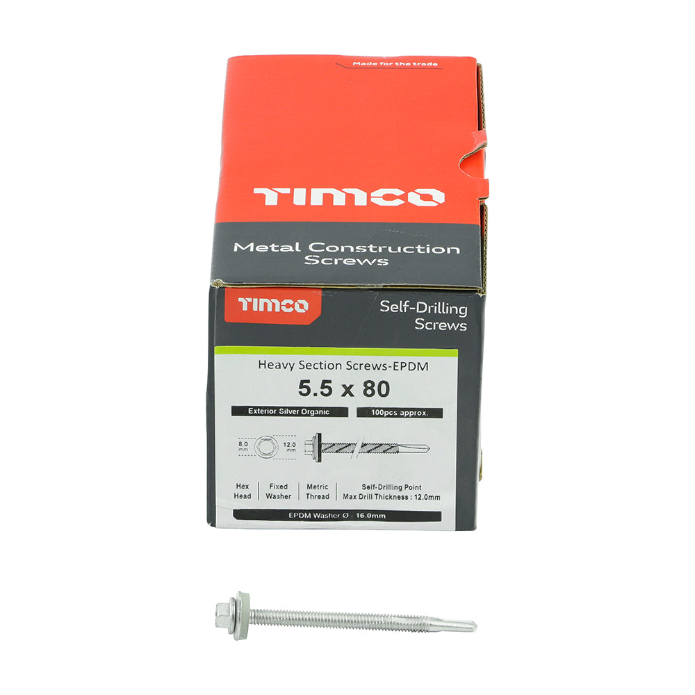 This is an image of Timco - Metal Construction Heavy Section Screws - Hex - EPDM Washer - Self-Drilling - Exterior - Silver Organic 5.5 x 80mm - (100 PCS Box) H80W16B