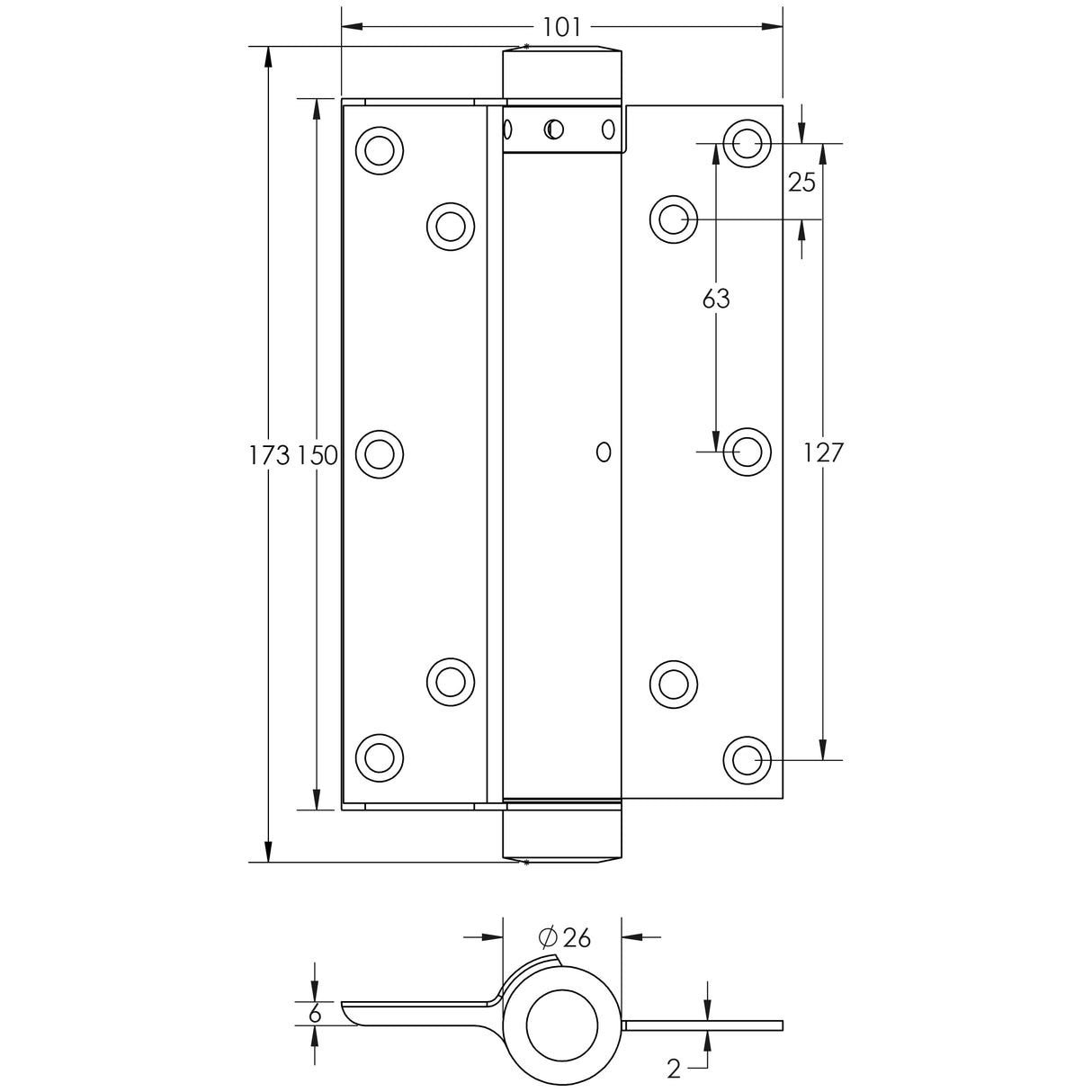 Technical drawing of of Frelan - Single Action Steel Spring Hinges 150mm Electro Brassed Sku. HB3003-6PB