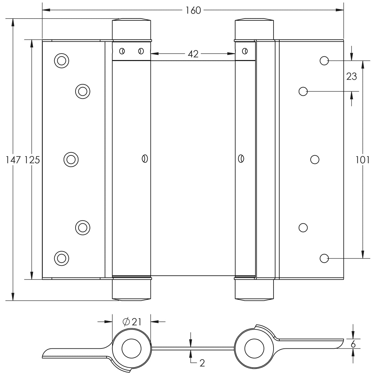 Technical drawing of of Frelan - Double Action Steel Spring Hinges 125mm Electro Brassed Sku. HB3005-5PB
