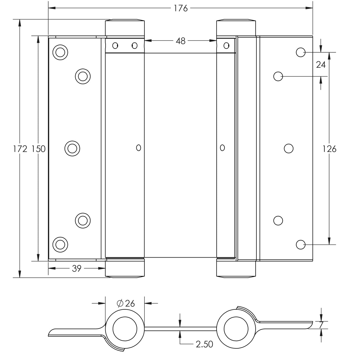 Technical drawing of of Frelan - Double Action Steel Spring Hinges 152mm Electro Brassed Sku. HB3005-6PB
