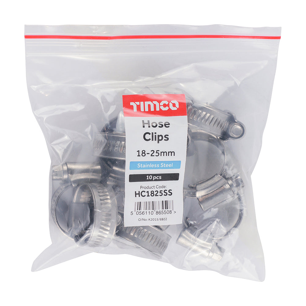 This is an image of Timco - Hose Clips - Stainless Steel 18 - 25mm - (10 PCS Bag) HC1825SS