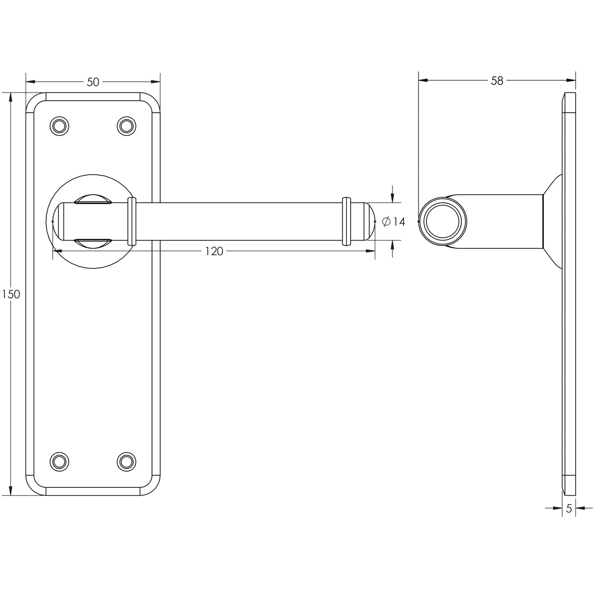 Technical drawing of of Frelan - Belfry Suite Door Handle on Latchplate Pewter Sku. HF101