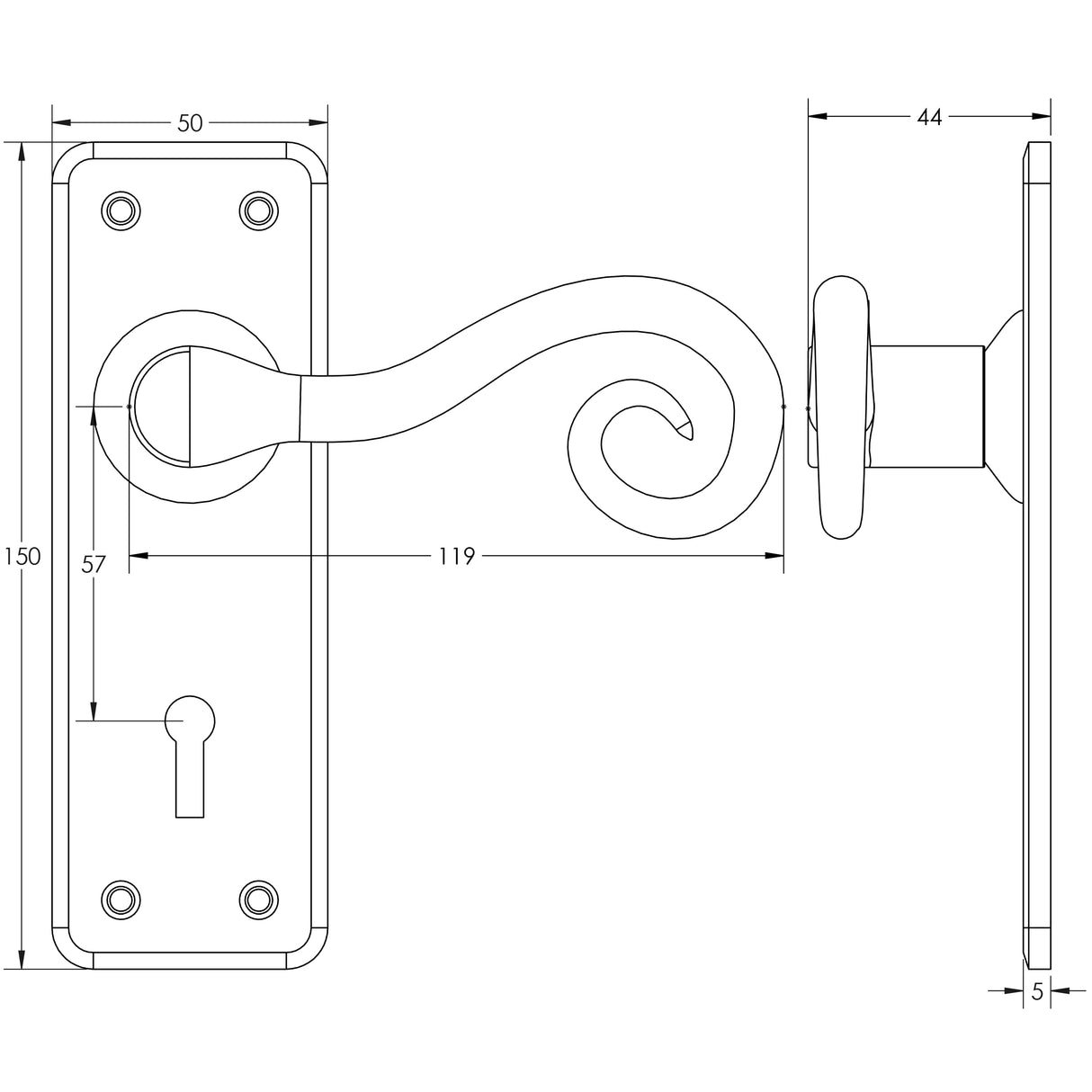 Technical drawing of of Frelan - Chester Suite Door Handles on Lockplate Pewter Sku. HF200