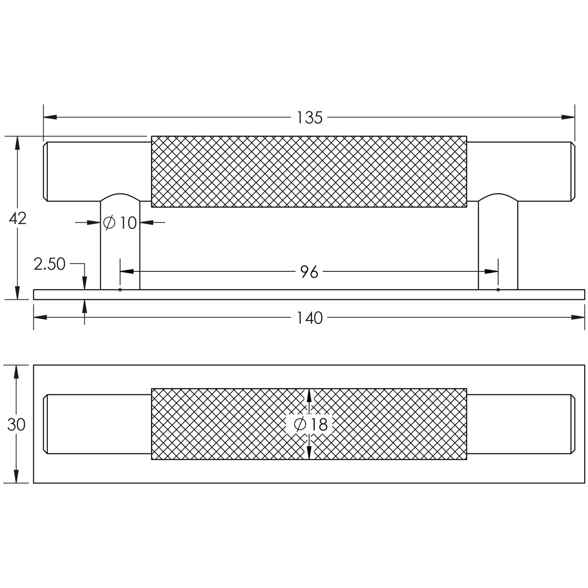 Technical drawing of of Hoxton - Taplow Cabinet Handles 96mm Ctrs Plain Backplate Matt Black Sku. HOX-2050MB-5050MB