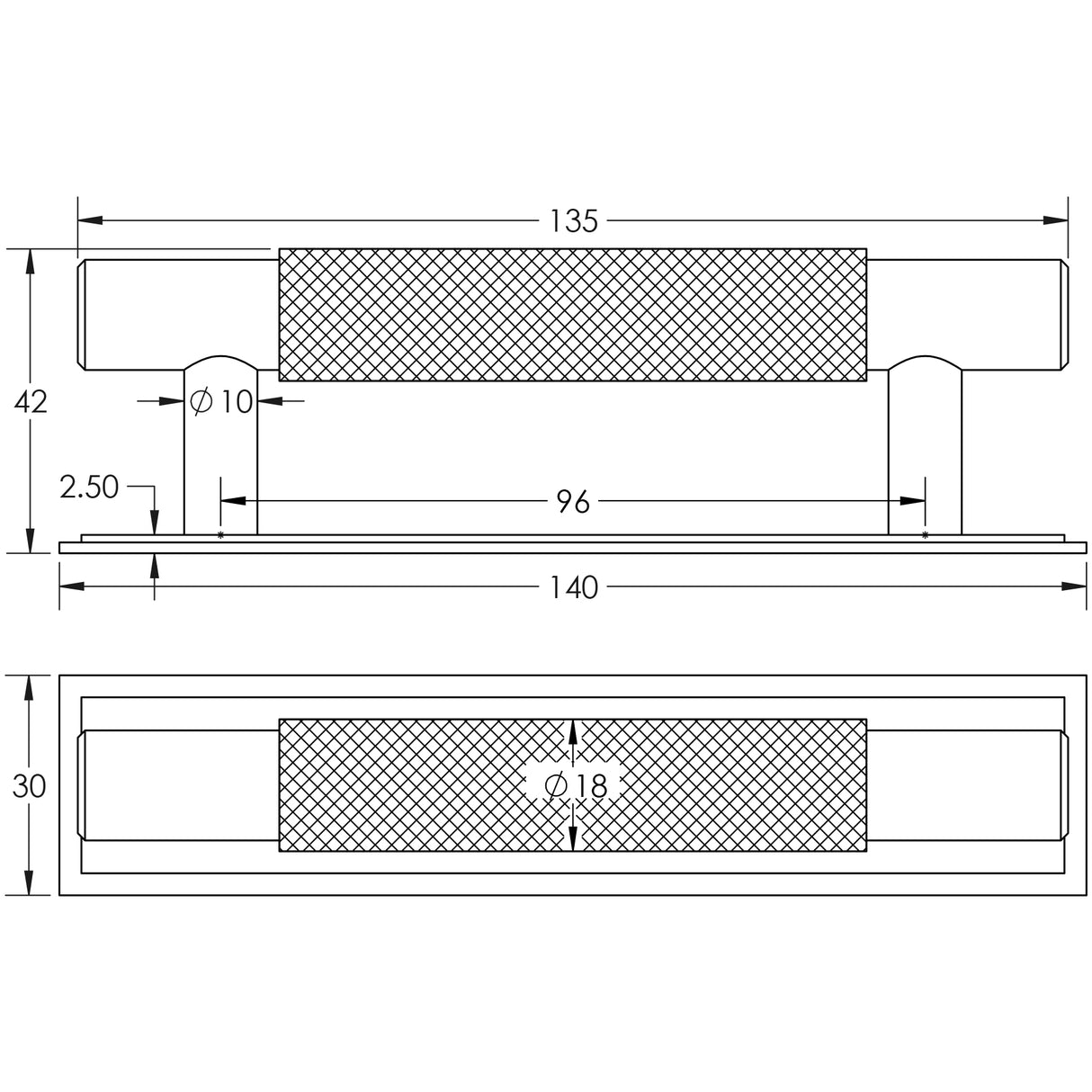 Technical drawing of of Hoxton - Taplow Cabinet Handles 96mm Ctrs Stepped Backplate Antique Brass Sku. HOX-2050AB-6050AB