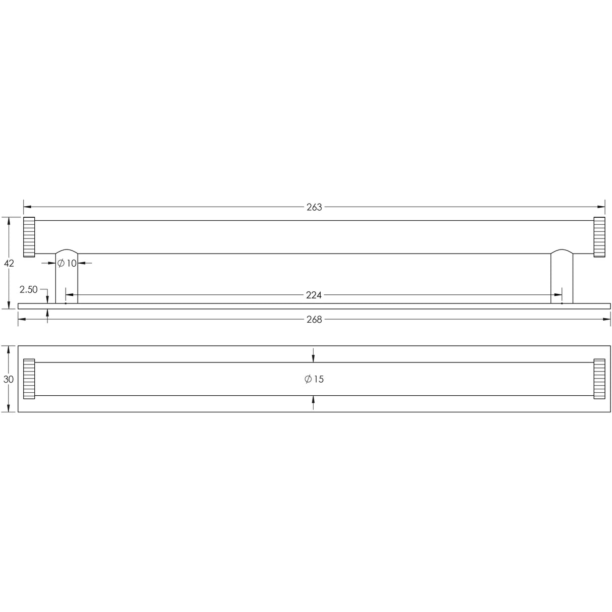 Technical drawing of of Hoxton - Thaxted Cabinet Handles 224mm Ctrs Plain Backplate Antique Brass Sku. HOX-260AB-5060AB