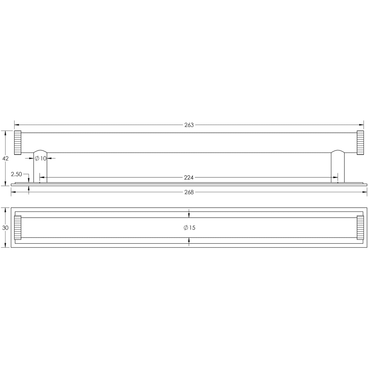 Technical drawing of of Hoxton - Thaxted Cabinet Handles 224mm Ctrs Stepped Backplate Matt Black Sku. HOX-260MB-6060MB
