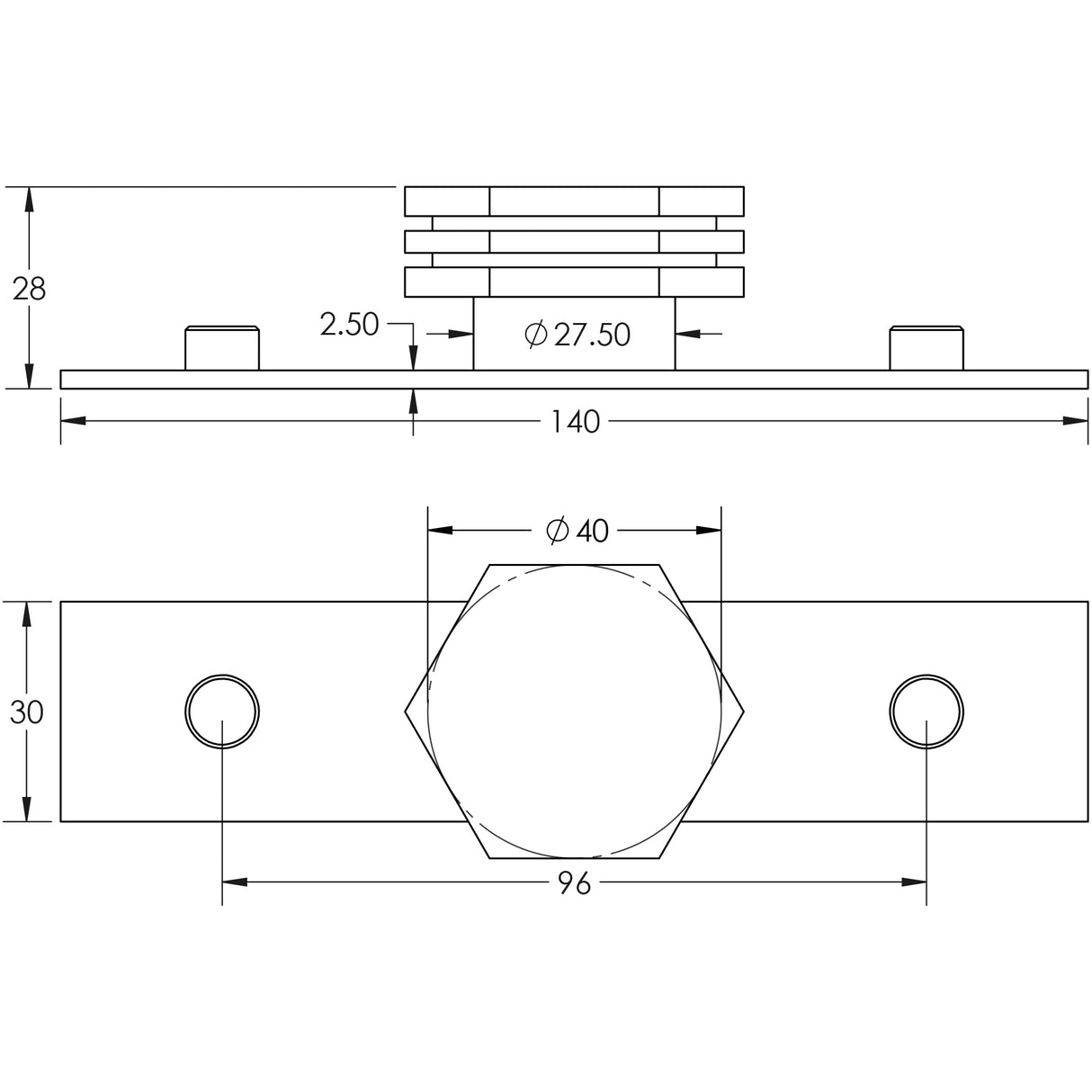 Technical drawing of of Hoxton - Nile Cupboard Knobs 40mm Plain Matt Black Sku. HOX-340MB-5090MB