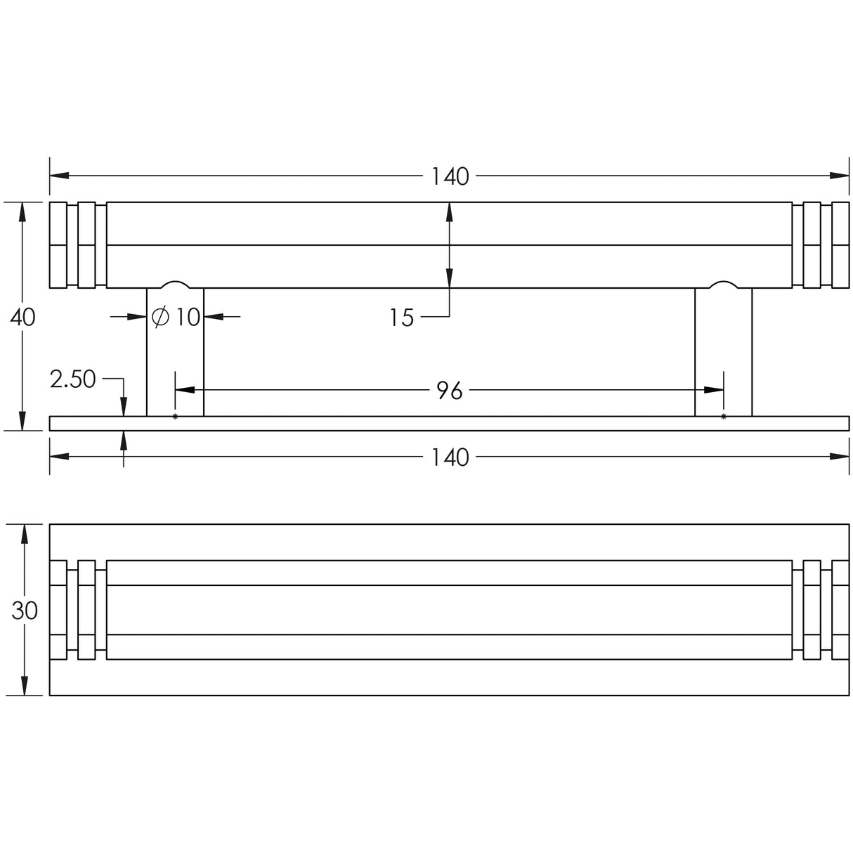 Technical drawing of of Hoxton - Nile Cabinet Handles 96mm Ctrs Plain Backplate Dark Bronze Sku. HOX-350DB-5050DB