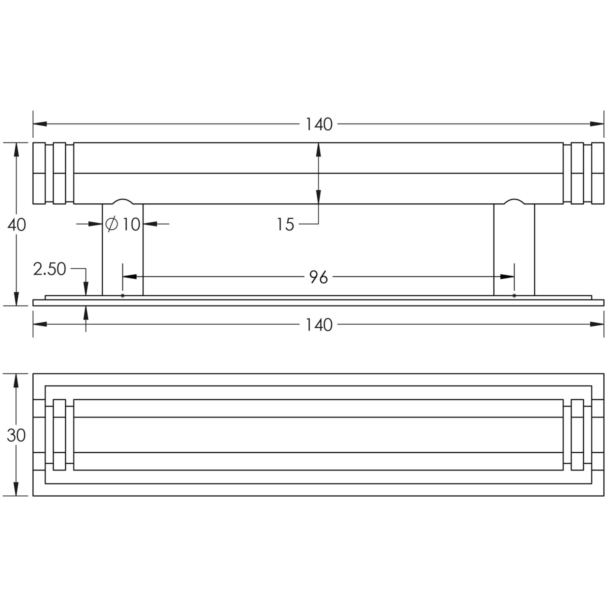 Technical drawing of of Hoxton - Nile Cabinet Handles 96mm Ctrs Stepped Backplate Polished Nickel Sku. HOX-350PN-6050PN
