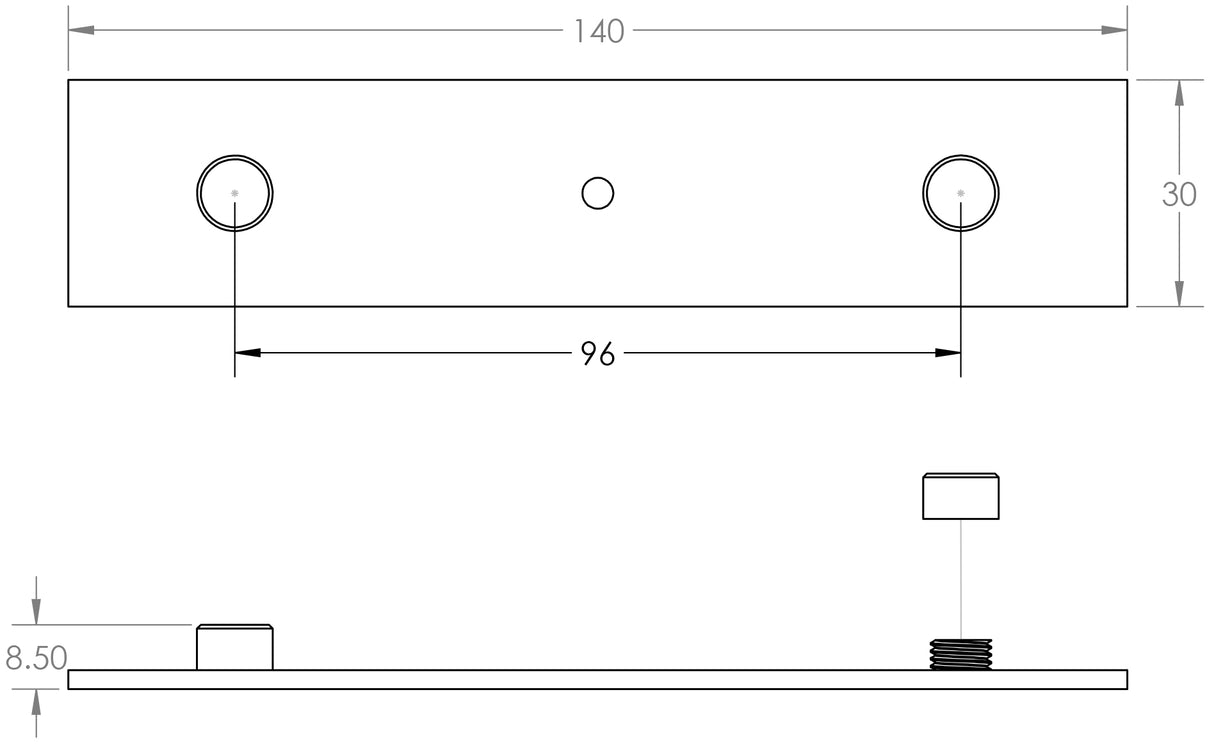Technical drawing of of Hoxton - Fanshaw Backplate for Cupboard Knobs 140x30mm Black Sku. HOX5090MB