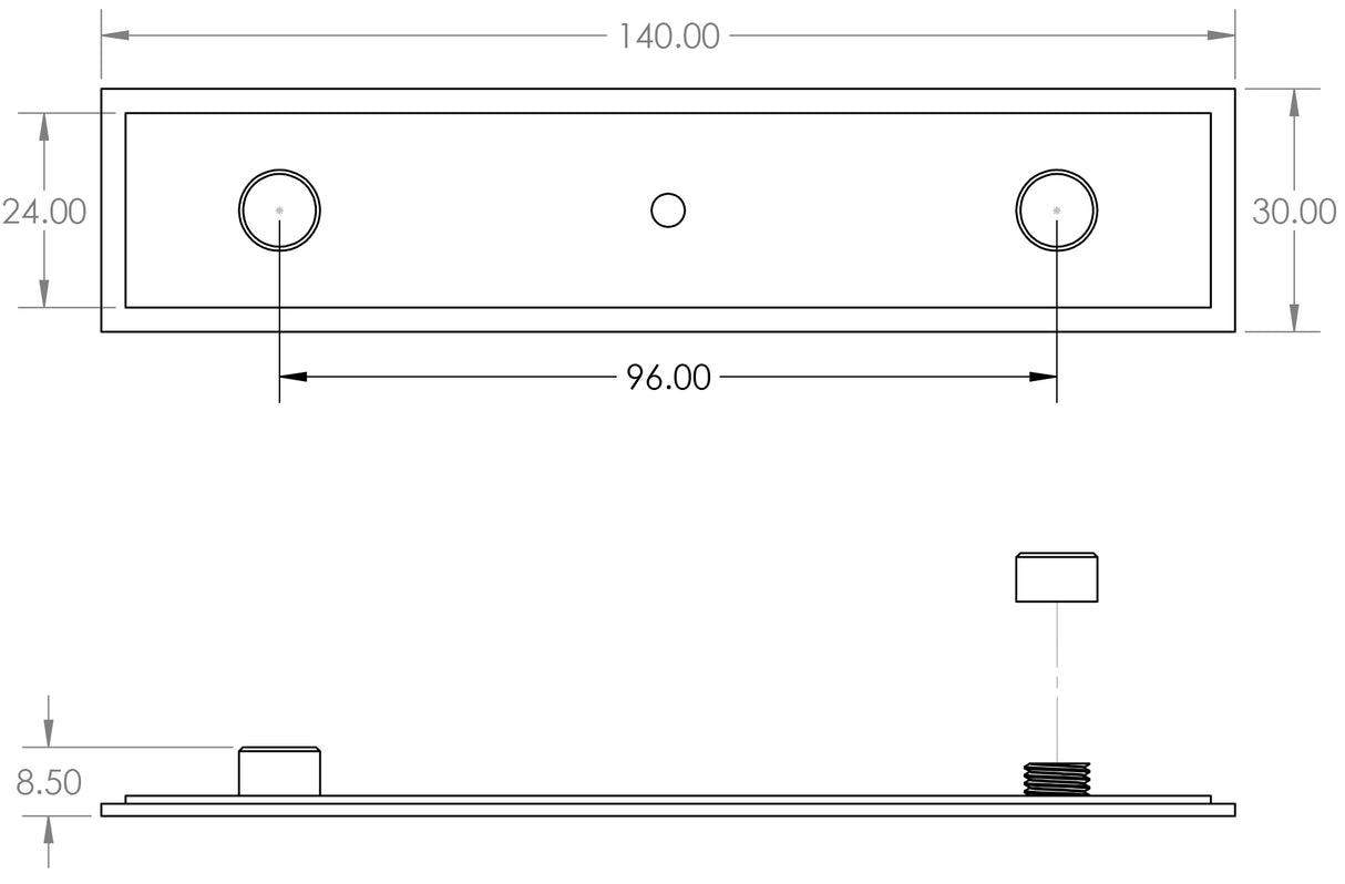 Technical drawing of of Hoxton - Rushton Backplate for Cupboard Knobs 140x30mm Satin Nickel Sku. HOX6090SN