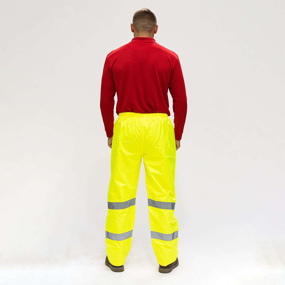 This is an image of Timco - Hi-Visibility Elasticated Waist Trousers - Yellow X Large (1 Each Bag) HVETRSXL