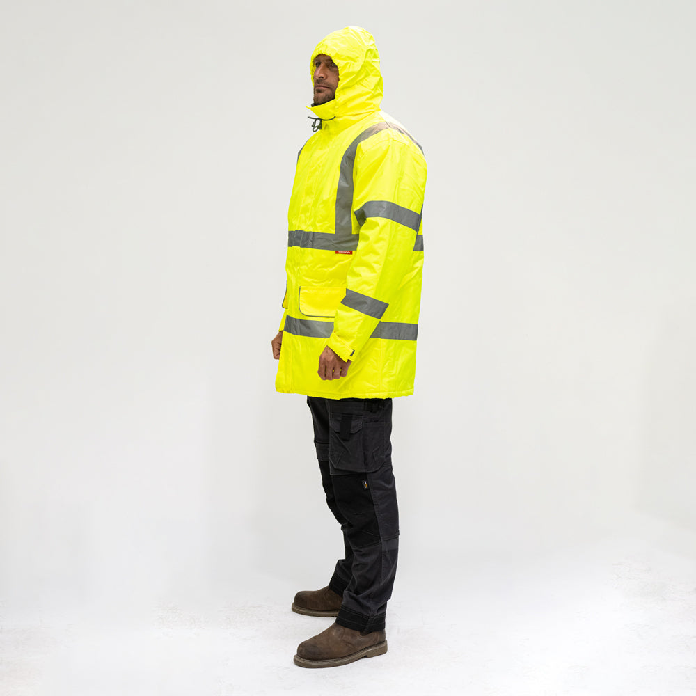 This is an image of Timco - Hi-Visibility Parka Jacket - Yellow Small (1 Each Bag) HVPJSML