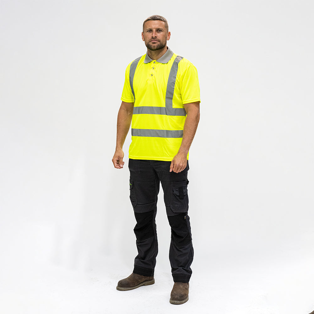 This is an image of Timco - Hi-Visibility Polo Shirt - Short Sleeve - Yellow Small (1 Each Bag) HVSSPSML