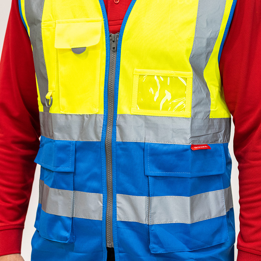 This is an image of Timco - Hi-Visibility Executive Vest - Yellow & Blue Large (1 Each Bag) HVVYBLRG