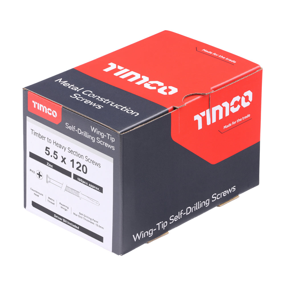 This is an image of Timco - Metal Construction Timber to Heavy Section Screws - Countersunk - Wing-Tip - Self-Drilling - Zinc 5.5 x 120mm - (100 PCS Box) HW120B